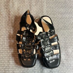 Intentionally _______ black summer sandals! Never worn; retailed for $178.